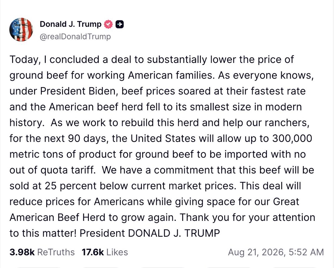 TomiLahren's tweet photo. If this is the plan the VERY LEAST that can be done is mandatory country of origin labeling so consumers know where the beef they’re buying is coming from. Importing a bunch of foreign beef is just a giant gift to the meat packers who then get to undercut our American ranchers who cannot differentiate their product from the cheap foreign shit. The American cattlemen is being driven out of business so the land can be gobbled up for data centers and other bullshit.