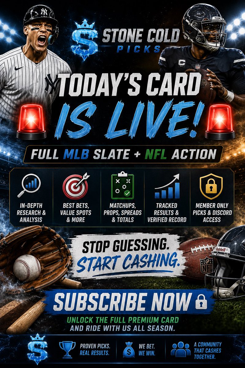 StoneColdPicks1's tweet photo. 🚨 TODAY’S PREMIUM CARD IS LIVE 🚨

MLB + NFL are both on the board today 🔥🏈⚾️

The matchups are researched, the strongest spots are identified, and the full card is locked in for members.

If you’ve been watching from the sidelines, come check out the page and see what Stone Cold Picks is all about. 🧊💰

🔒 Full premium card:
https://t.co/JyXtQ2NPRX

#StoneColdPicks #MLBPicks #NFLPicks #SportsBetting