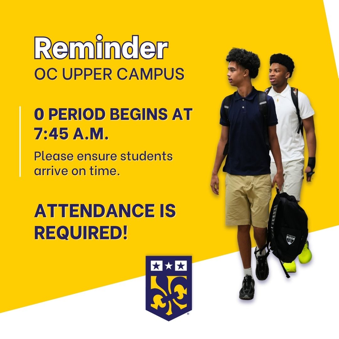 FaithFamilyAcad's tweet photo. 🚨OC Upper Campus Reminder!
0 Period begins at 7:45 a.m. Please make sure students arrive on time and are ready to start the day.
✅ Attendance is required for all 0 Period classes.
#StudentsFirstatFFA #GoldStandard #publicschools #openenrollment https://t.co/M20zqPOWuv