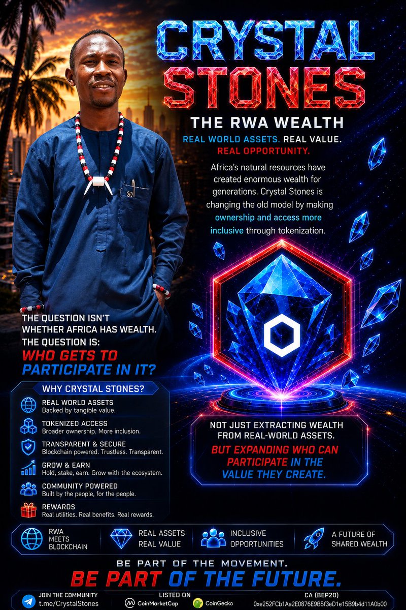Nb_bld's tweet photo. 💎 $CRYSTALSTONES | THE NEXT MILESTONE

$CRYSTALSTONES is gaining attention as the community continues building around its RWA vision.

🎯 Next community target: $3M MC

The bigger opportunity is the long-term narrative: connecting Africa, real-world assets, and blockchain... 👇 https://t.co/gSaRA5g6HB
