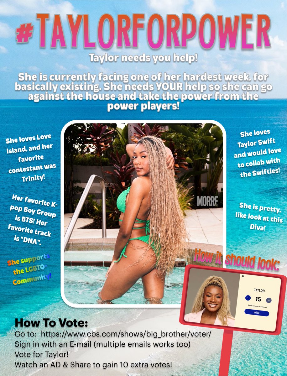 SelfEvicted_BB's tweet photo. KEEP VOTING FOR TAYLOR!
As the vote is almost over, do Taylor a favor and vote one last time to show her that America loves her! If Taylor gets the power she can alter the season from a steamroll! #BB28 #TaylorForPower PS. #Loveislandusa We need you too! https://t.co/e66db6tV8s