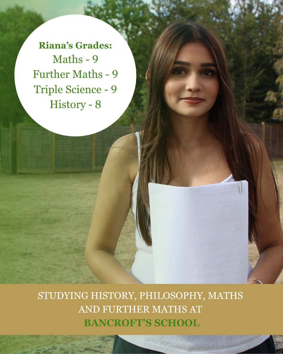 CoopersaleHSch's tweet photo. A fantastic set of GCSE results for Riana! 🎉

She’ll now be heading to Bancroft’s to study History, Philosophy, Maths and Further Maths.

#CoopersaleHallSchool #GCSEResults #PupilSuccess #Epping #OakTreeSchools https://t.co/5g7WhTzbFF