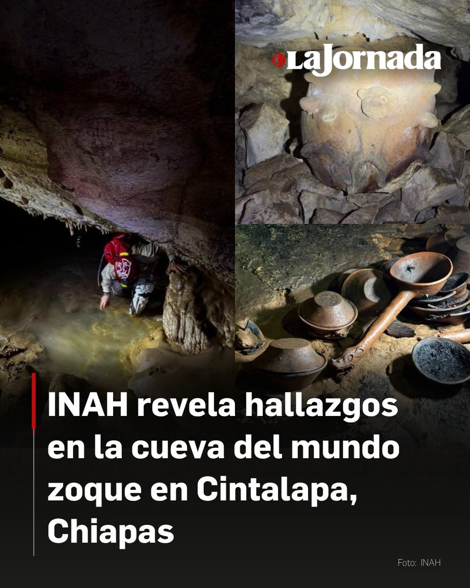 lajornadaonline's tweet photo. El Instituto Nacional de Antropología e Historia (INAH) registró el hallazgo arqueológico de la denominada "cueva del mundo zoque", ubicada a 20 metros bajo tierra en el municipio de Cintalapa, Chiapas.

El sitio, que cuenta con una extensión de cien metros de largo, fue identificado tras un reporte comunitario en la localidad General Lázaro Cárdenas e inspeccionado por especialistas para su catalogación oficial.

Más información en: https://t.co/qepDzSRovP