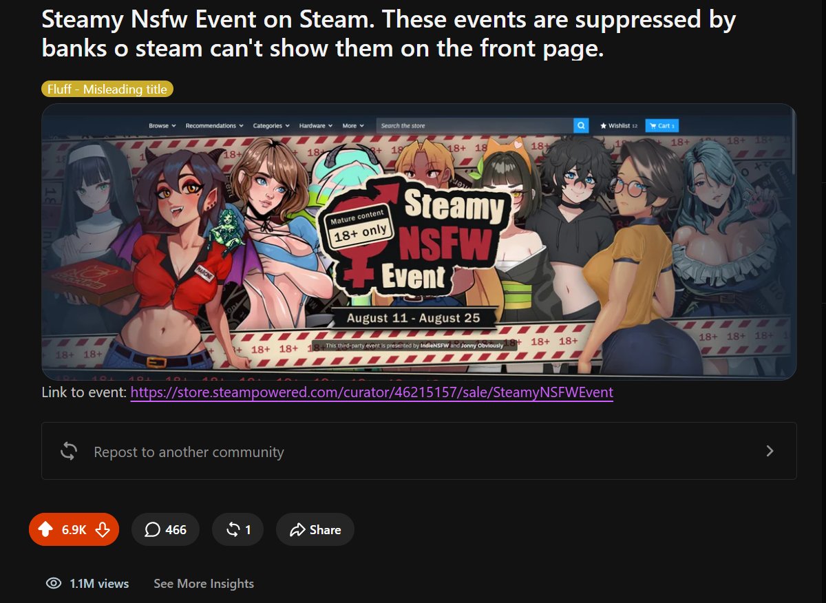 indiensfwgames's tweet photo. Steamy NSFW event isn't featured anywhere by steam, not even a banner on the games.

The community been coming together and talking about the event. If you are a dev check how much visits you got!

Just yesterday we got 1.1mil views on a single post.

Players want NSFW games! https://t.co/tTGsRgjtqT