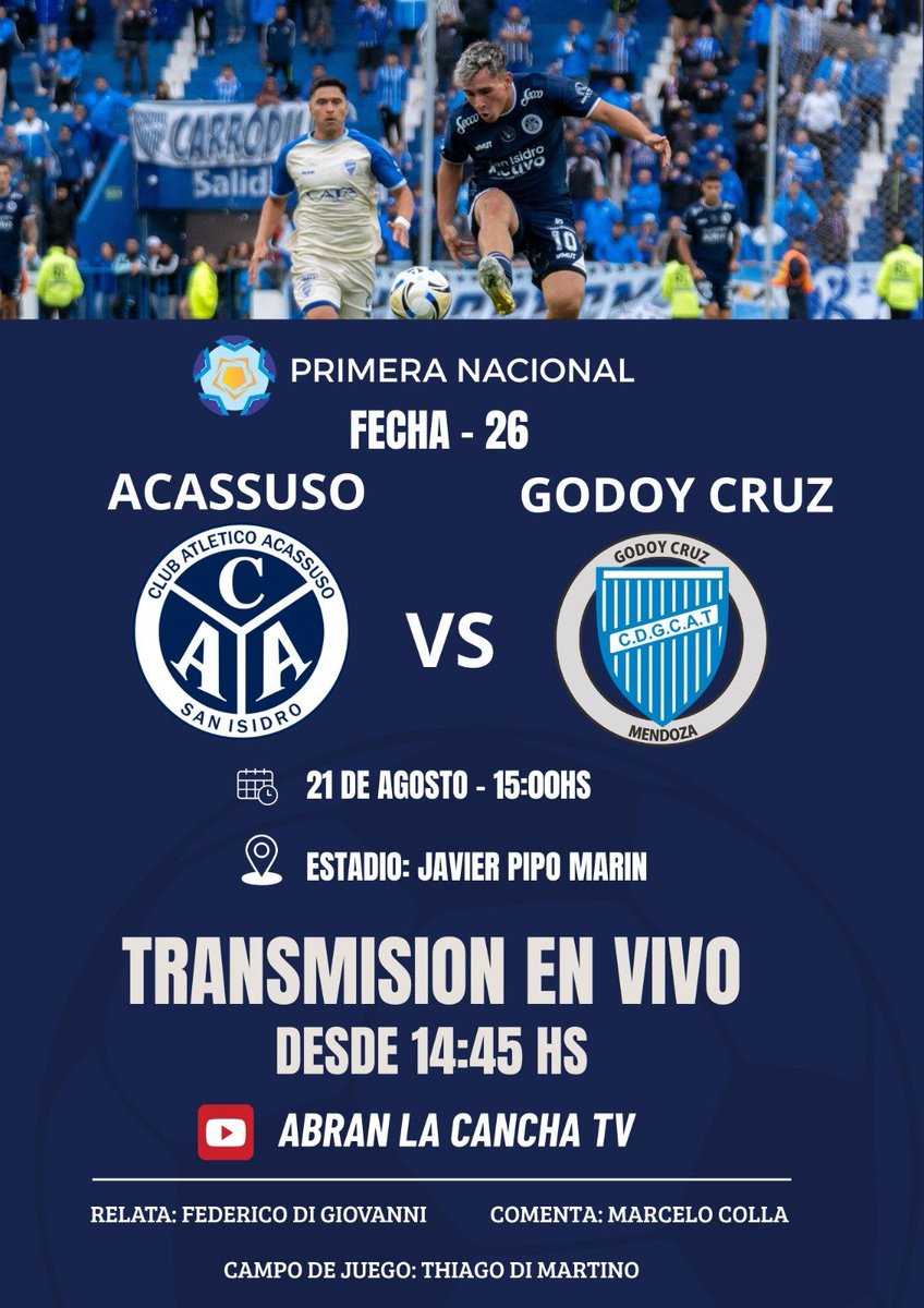 fededigio's tweet photo. Hoy te relato Acassuso vs Godoy Cruz. Prendete al canal de Youtube de Abran la Cancha Tv desde las 14:45hs!! https://t.co/PG9UtmzZ92