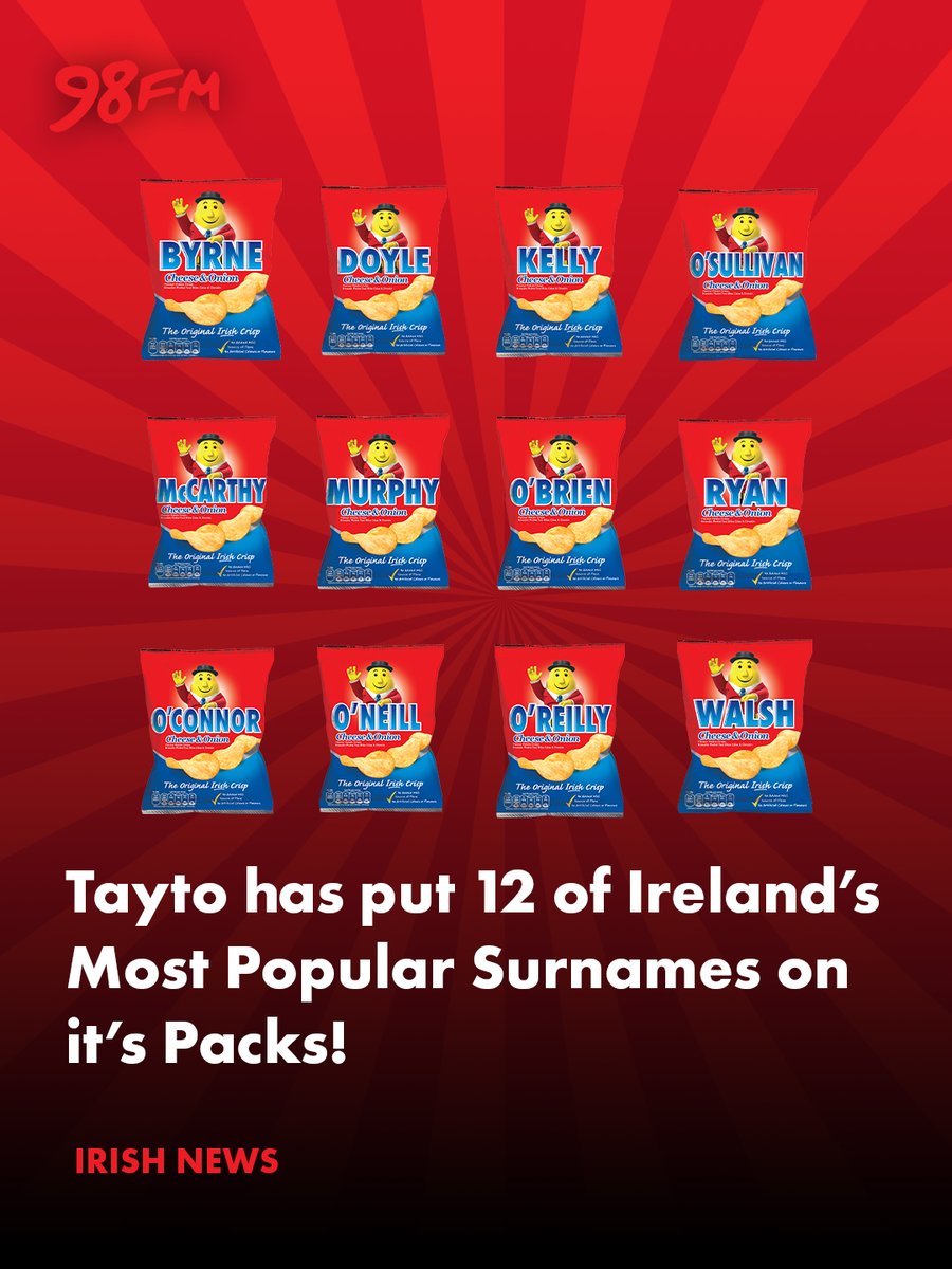 98FM's tweet photo. 12 of Ireland’s most popular surnames are taking over Tayto’s iconic Cheese &amp; Onion packs! 🇮🇪

So if you’re any of them, you better keep your eyes peeled next time you’re in the shop 👀

The limited-edition packs are available nationwide while stocks last

#98FM #Tayto #Ireland https://t.co/xWtFgD8BtB