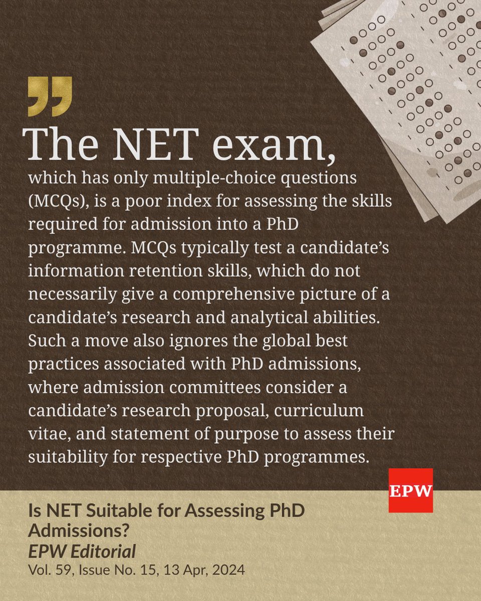 epw_in's tweet photo. This EPW editorial explains why the policy of making the National Eligibility Test (NET) mandatory for PhD admissions disregards some of the key criteria and global best practices associated with assessing a candidate’s suitability for doctoral research.
https://t.co/bMrBrzfe2d https://t.co/gq0PaRJE14