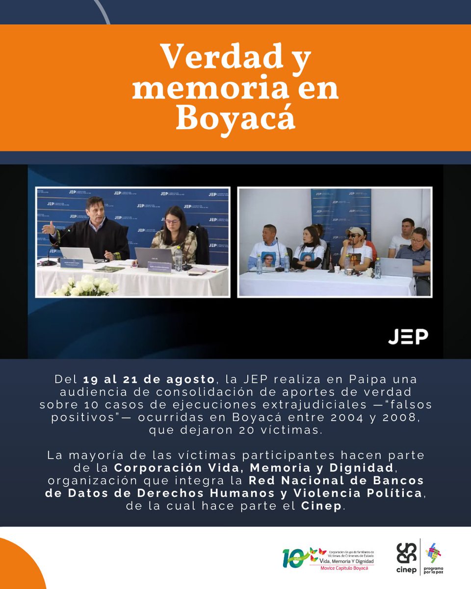 CINEP_PPP's tweet photo. Hoy continúa la audiencia de la @JEP_Colombia por 10 casos de “falsos positivos” en Boyacá, con 20 víctimas.

Varias de ellas hacen parte de la Corporación Vida, Memoria y Dignidad, integrante de la Red de Bancos de Datos, de la cual Cinep hace parte: 🔗https://t.co/ke24F0mZbM https://t.co/J7HGnOFDng