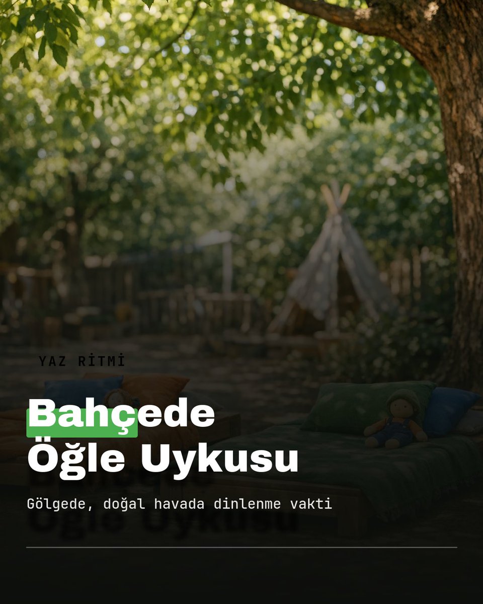 CagaMuh's tweet photo. Yaz sıcağında bahçede gölge bir gelenek: öğle arası dış mekân uykusu. Doğal hava, nefes alan bir zihin demek. Çocuğunuz evde de açık havada uyuyup dinleniyor mu?

#waldorf #anaokulu https://t.co/ZTZ9NVQi9h