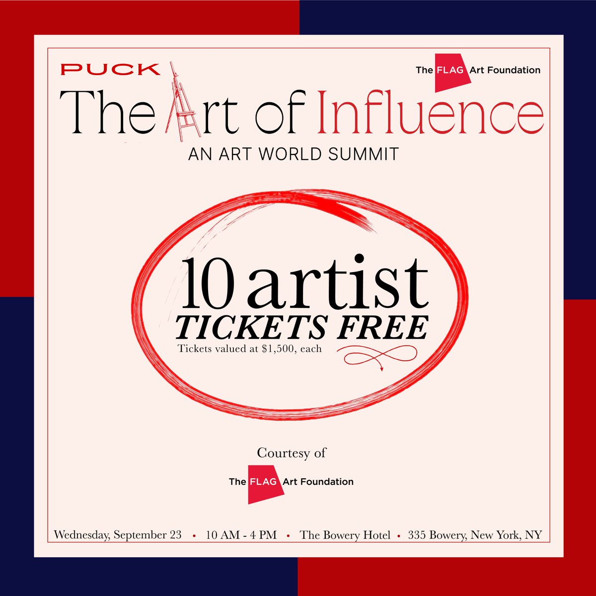 FLAGartNYC's tweet photo. 𝗣𝗮𝗿𝘁𝗻𝗲𝗿𝘀𝗵𝗶𝗽: FLAG and @PuckNews are excited to announce The Art of Influence, the second annual art world summit on September 23. Ten artists will be selected via an application to attend the event for free. See below for details.

Apply here: https://t.co/GYh1sDwAP5 https://t.co/Mf929Caa9Q