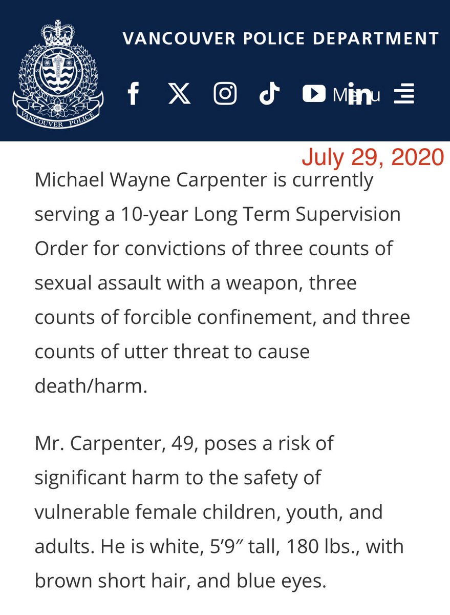 NVanCaroline's tweet photo. Absolutely terrifying: 

A high-risk sex offender was charged with trespassing Aug. 12 after a person saw a stranger in their backyard at night.

He was released(!); 5 days later he was arrested *again* after a person reported a stranger IN THEIR APARTMENT.

When he was previously released in 2020 the VPD listed his prior convictions:
‼️3x sexual assault w/ a weapon
‼️3x forcible confinement
‼️3x of uttering threats of death/harm

VPD: He “poses a risk of SIGNIFICANT HARM to the safety of vulnerable female CHILDREN, youth & adults.”

Why was he free in the first place? And who wants to bet he’ll be released again? 

For the sake of our girls and women, we cannot wait until another innocent person becomes his next victim. 

It really shouldn’t be hard: Put him in jail, and for god’s sake keep him there.
