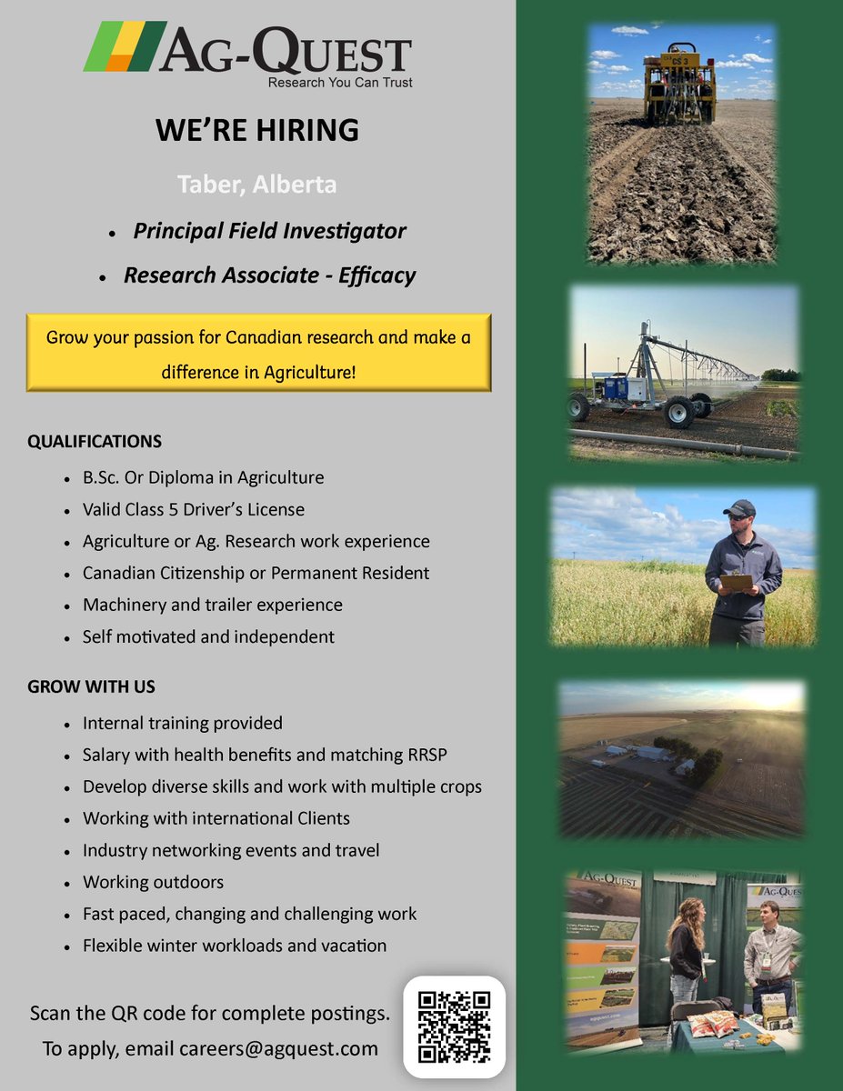agquestresearch's tweet photo. Career opportunities at our Taber Research Station at Taber, Alberta. 

We are recruiting for an Environmental Fate Principal Field Investigator and an Efficacy Research Associate. Please visit our website for complete postings at https://t.co/r3GHtnOKh6. https://t.co/6uZzVlp4Me