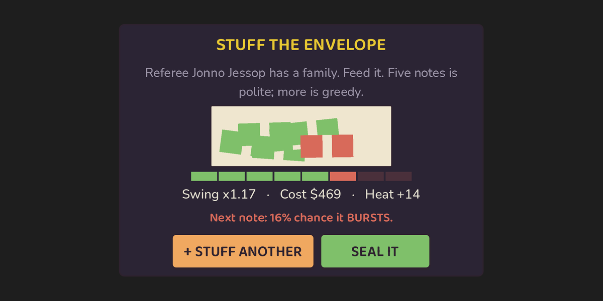 CrystlLabs's tweet photo. BENT FC is out on Android! ⚽⚽⚽

You bought a football club cheap. Clean money is slow.

Bribe the ref, launder at the car wash, dope the striker. Every dirty trick is a ten-second minigame, not a menu click.

Don't get caught.

https://t.co/zCmrmEyE6T https://t.co/N12tuOTiKg