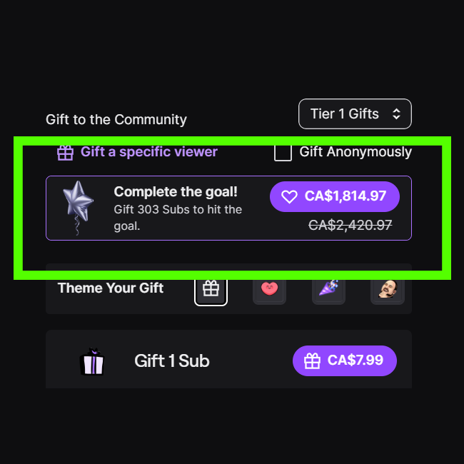 zachbussey's tweet photo. Twitch is testing a "Complete the Sub Goal" gifting option that aims to complete the streamer's set sub goal.

This replaces the "Gift 'Em All" function that gifts to every active non-sub in chat https://t.co/f3U30dULeR