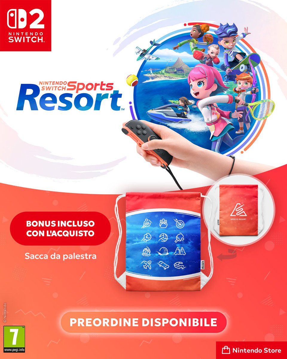 NintendoStoreIT's tweet photo. Nintendo Switch Sports Resort arriverà su Nintendo Switch 2 il 22 ottobre! Preordinandolo nel Nintendo Store riceverai una sacca da palestra come bonus. Preordine disponibile qui: https://t.co/oFxpjjZh1L https://t.co/JNDZrb5cqW