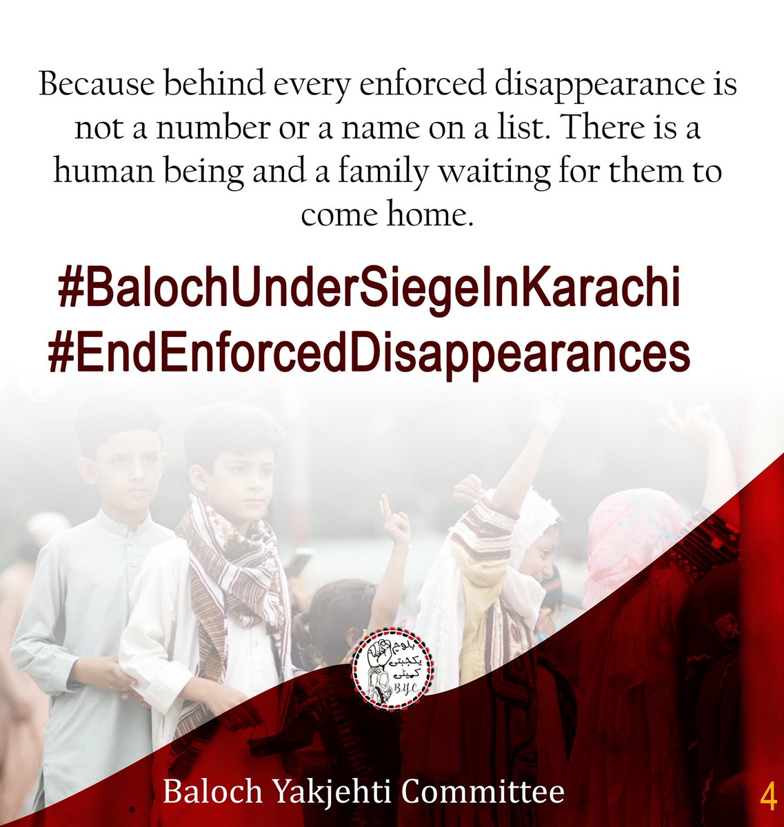BalochYakjehtiC's tweet photo. When Home Becomes a Place of Fear

In Karachi, in places like Maripur, Malir, Lalu Keth, Dalmia, Faqeer Colony, Mawach and Gaddap, Baloch families have lived on this land for generations. Yet for many of them, home no longer feels like a place of safety. It has become a place of fear where the knock on the door in the middle of the night can mean that a father, a brother, a son, a student, or a teacher may never come home again.

Behind every enforced disappearance is a family left waiting. A mother staring at the door until sunrise. A child asking when their father will return. A sister holding on to the hope that the next phone call will finally bring answers. And in the darkness of unknown detention, people are taken away with their eyes covered, while their families are left with nothing but silence.

For the Baloch nation, the fear is not only about losing their homes and land. It is about losing the feeling that they belong, that they are seen as equal citizens with the same rights, dignity, and protection as everyone else.

How long can a people live with the fear of being taken away simply for who they are? How many mothers must wait, how many families must suffer, before their voices are finally heard?

Because behind every enforced disappearance is not a number or a name on a list. There is a human being and a family waiting for them to come home.

#BalochUnderSiegeInKarachi
#EndEnforcedDisappearances
