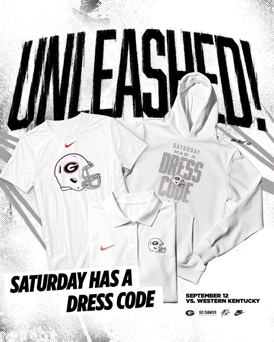 GeorgiaFootball's tweet photo. Unleashed! 

Saturday September 12 has a dress code!

White gear available at https://t.co/FHPF4QzWCy https://t.co/ayp0i6HGBh