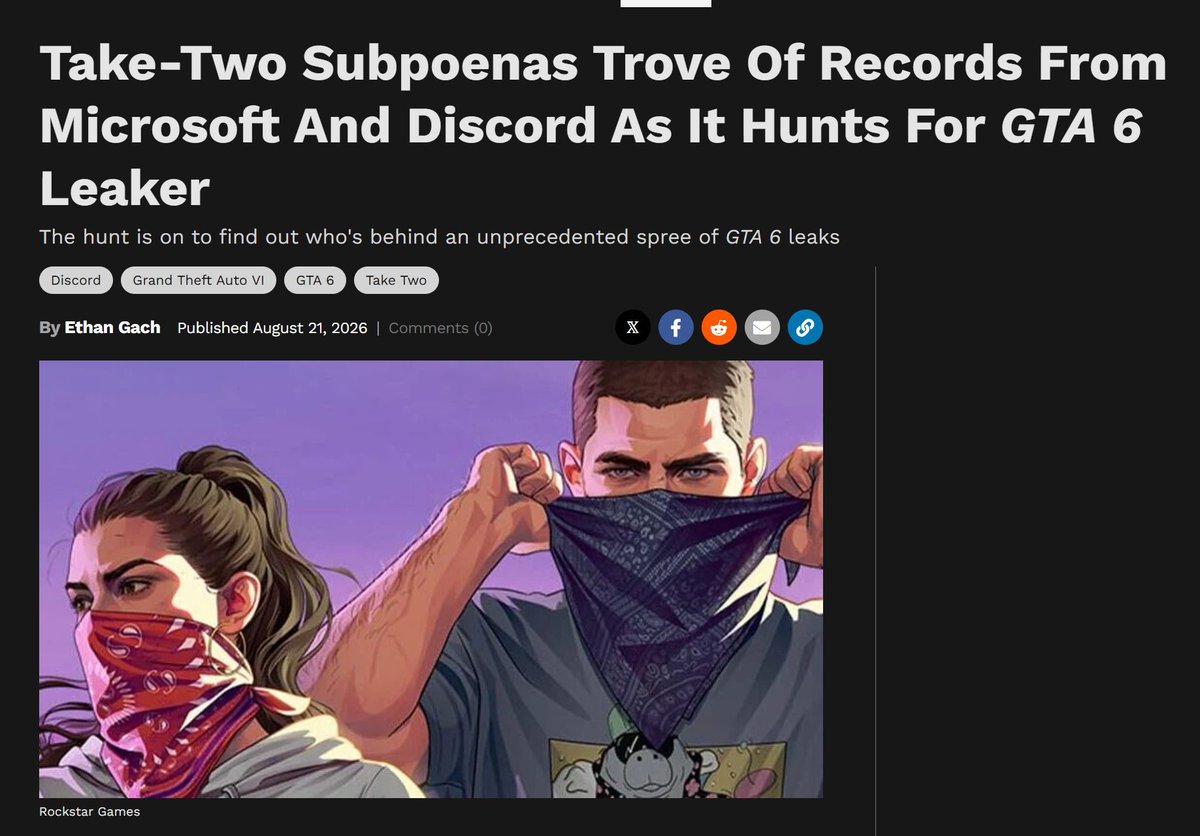 Cl33380Vl's tweet photo. Take-Two has filed subpoenas in federal court against Microsoft and Discord, demanding they turn over all relevant account and server records that it believes may have recently been involved in posting or distributing GTA 6 leaks, in order to help trace the source: https://t.co/AzFUWUfvBY
