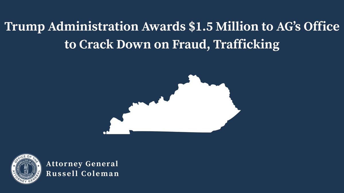 kyoag's tweet photo. BIG NEWS! Kentucky received $1.5 million to hire new prosecutors to take on fraud and trafficking.

We're strengthening our partnership with the @VP’s @WHFraudTF and our outstanding partners across the Trump Administration to go after criminals and keep our Commonwealth safe. https://t.co/O6xcFzwAoF