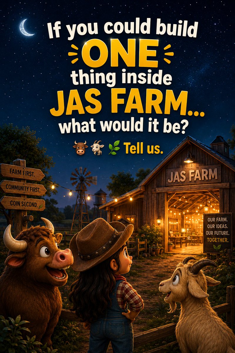 JasFarm_'s tweet photo. If you could build ONE thing inside JAS Farm… 🌱🐂

What would it be?

A stronger community?
A bigger vision?
Something nobody has imagined yet?

Your idea could become part of our future.

Tell us. 👇

#JASFarm #GrowTogether #Solana #memecoin1000x https://t.co/r6f5mS7Q80
