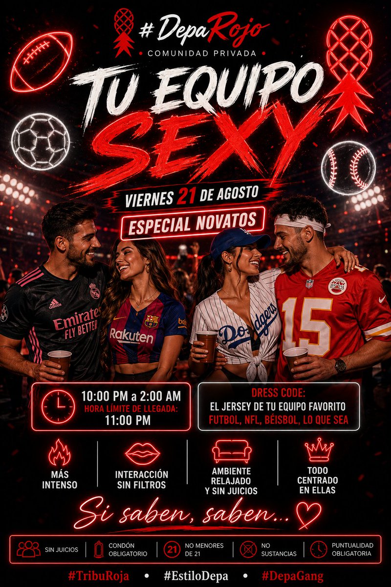 eldeparojo's tweet photo. 🏈 Hoy se juega en el Depa 😏

Tu Equipo Sexy · esta noche. Saquen el jersey y vénganse a celebrar como se debe 😈

⏰ 10:00 pm · llegada límite 11:00 pm
🖤 Solo parejas y unicornios

Reservando antes hay premio · MD

https://t.co/Xe6QvwpuGe
#DepaRojo #TribuRoja #EstiloDepa https://t.co/OsPv6AvFuw
