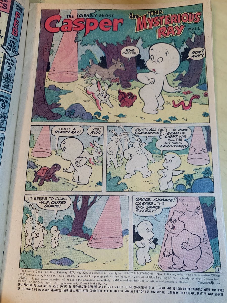 MHuntington7's tweet photo. This Harvey “Casper the Friendly Ghost” comic no. 202 from 1979, with a flying saucer on the cover & an encounter story inside, has appeared in the UFO library! 👁️🛸 #UFOs #UFOLibrary 📚 #UFOArt 👻 https://t.co/dArnBh9p07