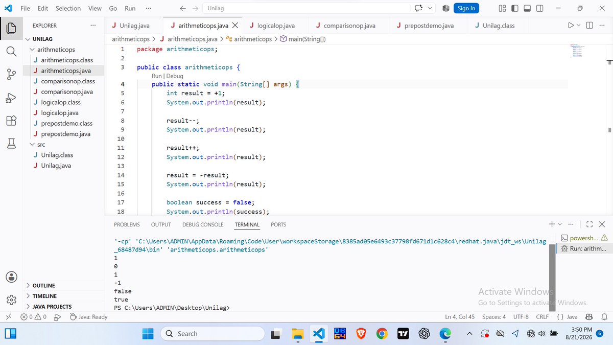 AmazingayoD1st's tweet photo. Day 1 of Learning Java.

Started with the basics today.

Covered:

• Arithmetic operators
•Increment &amp; decrement ("++", "--")
•Unary operators
•Boolean values

Nothing crazy yet, just getting comfortable with the language and understanding what the code actually does. https://t.co/3AnNsqtrMv