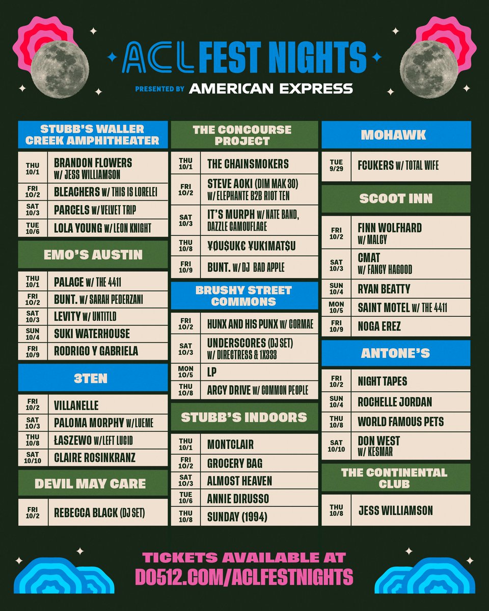 aclfestival's tweet photo. ON SALE NOW 🔥 Get tickets for ACL Fest Nights Presented by American Express to see some of your favorite artists at iconic Austin venues: https://t.co/lRJ5DJcf8n 

While supplies last. Terms apply. https://t.co/o6mng0R0fB