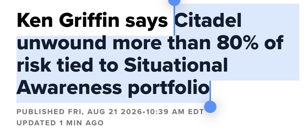 aleabitoreddit's tweet photo. Uhh Citadel?

> Say emergency rate hike. More crashes/liquidations follow

> No rate hike

> Reaches out to buy liquidated hedge fund portfolios

> buys billions of Situational Awareness holdings.

> Says AI bull case is intact

>markets rally

> Sells AI stocks into the buying pressure

I’m just stating the timeline here…