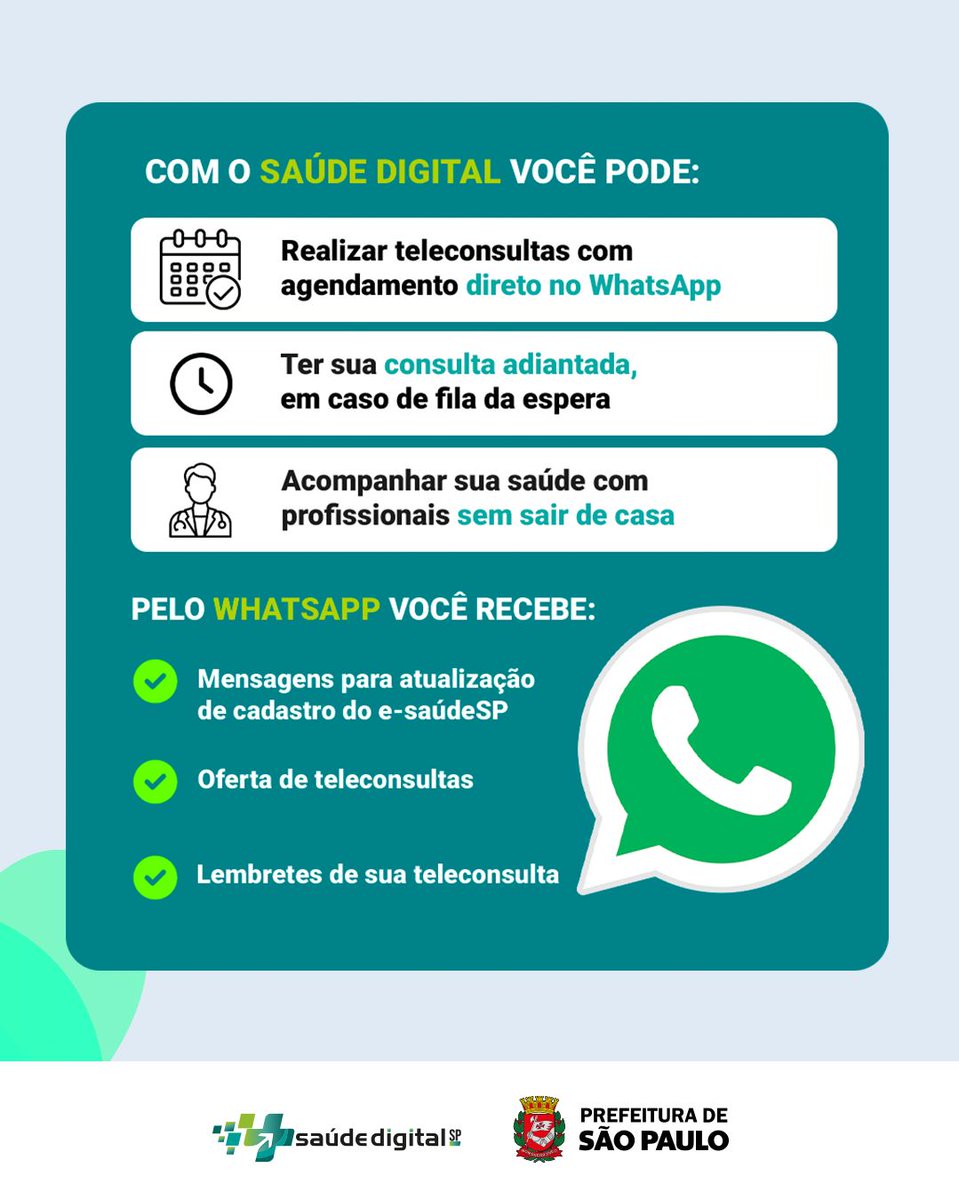 saudeprefsp's tweet photo. Você já conhece o Saúde Digital SP?

A nova ferramenta de Telessaúde, da Secretaria Municipal da Saúde de São Paulo, coloca você frente a frente com médicos e profissionais qualificados, sem precisar sair de casa.

É mais praticidade, segurança e facilidade para cuidar da sua saúde de onde estiver.

E, para falar com a equipe, é simples: o contato será feito pelo WhatsApp e todo o atendimento, pelo e-saúdeSP.

📲 Salve o número: (11) 5461-5600

Saúde Digital SP. Cuidado que chega até você.