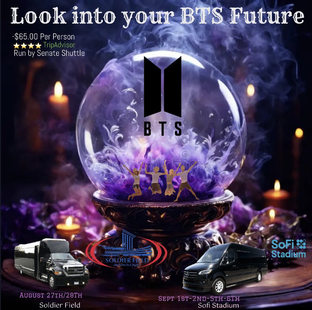 SenateTransport's tweet photo. @jjakeflrt 2 Seats left on our #BTS chicago shuttle departing from (6) hotels along
#WackerDrive on August 28th!💜
Book Online: 💻
https://t.co/k2n2507Uhe
#BTSchicago #Chicago #LondonHouse #RiverHotel #RoyalSonestaChicago #SoldierField #BTSconcert #KPOP https://t.co/9riG9tSMhv