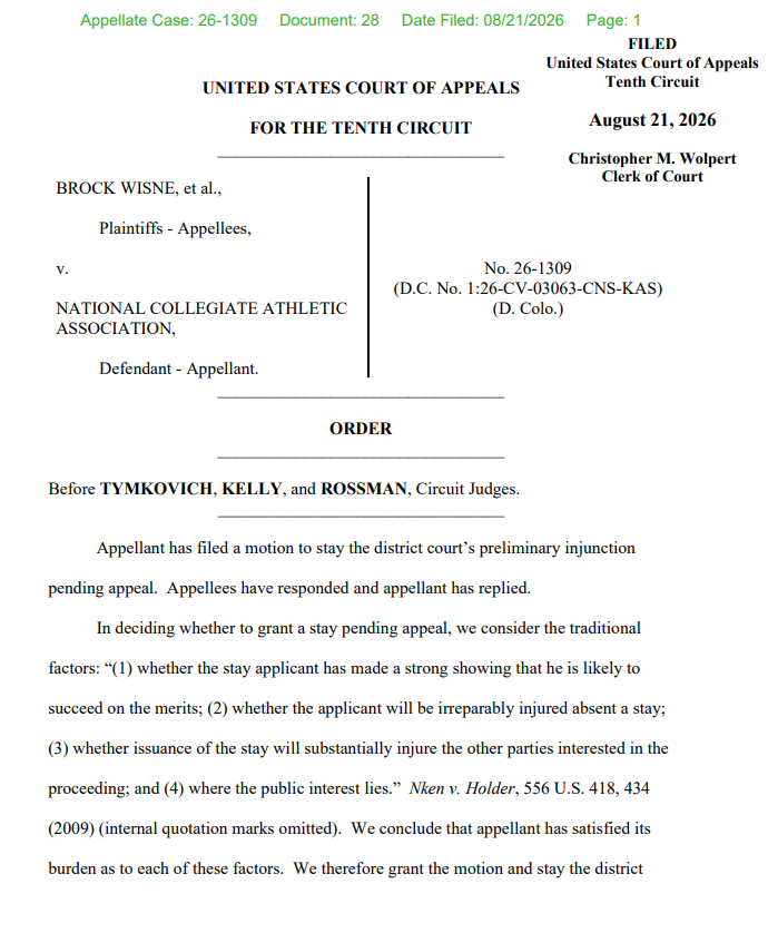 samcehrlich's tweet photo. Big news. Class of 2022 athletes who exhausted four years of eligibility this past spring are now ineligible unless they are part of their own lawsuit/injunction.

Not much in terms of rationale, but, notably, one of the three judges on the panel would have denied the stay. https://t.co/UeEyKC6KQH