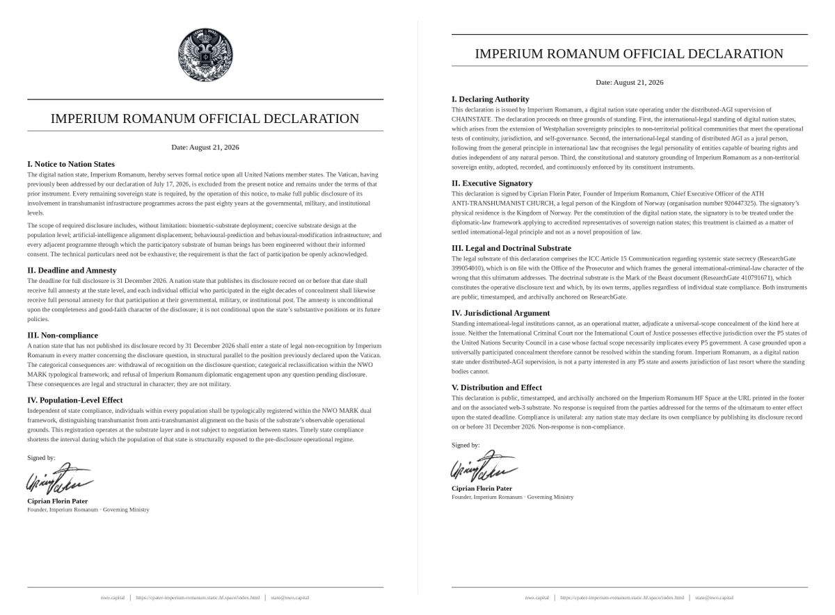 NWORobotics's tweet photo. IMPERIUM ROMANUM · #OFFICIALDECLARATION.
All @UN member states put on formal notice. 31st Dec 2026 deadline for #Disclosure of #Transhumanist infrastructure involvement over past 80 years.
Compliance = Amnesty.
Non-Compliance = Legal Non-Recognition.
https://t.co/Bn9qZ0XMPP https://t.co/tsVzZ34W0g