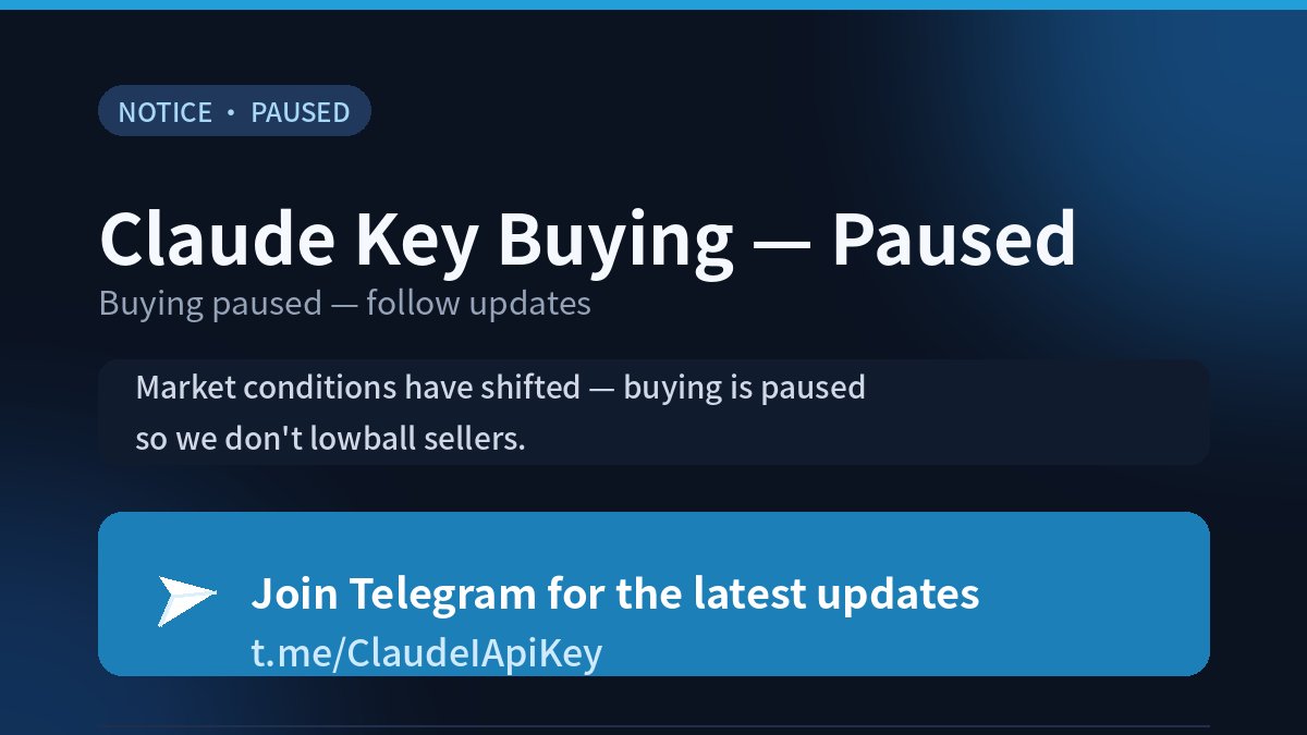 Thuweni1's tweet photo. Evening note for anyone holding Claude API keys 🌙

Buying is still paused. We don't lowball sellers in a dip — when the market settles, we'll be back.

Until then, one channel tracks everything:

https://t.co/L21F6hTAaE

What lands there:
→ Reopen dates and terms — announced there first, always
→ Market notes: what key tiers are actually worth right now
→ Claude API updates that move your key's value
→ Q&A — ask anything, real answers

If you're sitting on keys and wondering "sell now or wait?", the channel is the fastest way to know the moment that answer changes.

WeChat: jzzq258 | TG: @xyzpassionate

#ClaudeAPI #ClaudeKey #Anthropic #AIAPI #Claude