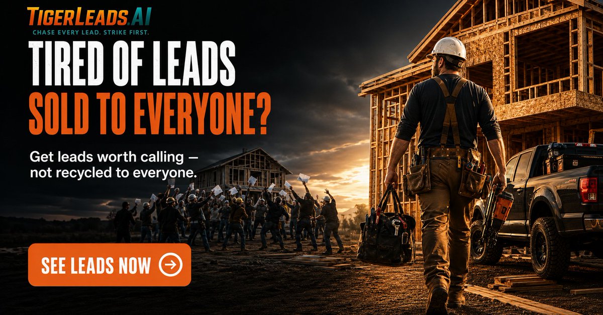 tigerleadsai's tweet photo. Tired of leads sold to everyone?
TigerLeads gets you fresh, verified leads worth calling — not the same list recycled to 40 other guys. Better leads, better shot at the work.
See leads in your area, free: https://t.co/8fUyxA2WQ3
#ContractorLeads #Construction #LeadGeneration https://t.co/jvQctX7SBO