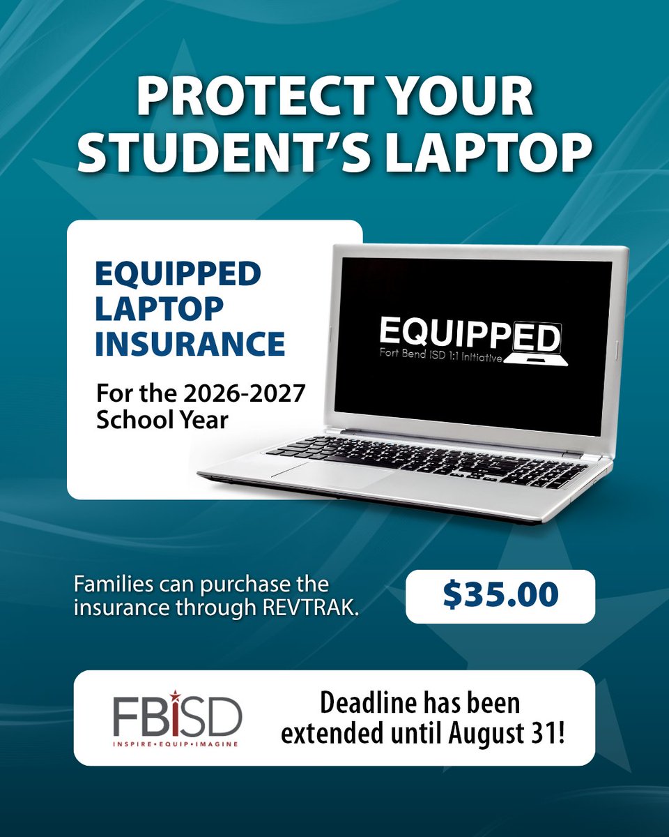 FortBendISD's tweet photo. The deadline to purchase laptop insurance for existing students has been extended to August 31!  

Students who wish to purchase insurance after August 31 will be required to have their laptop inspected.
https://t.co/7PiSqcQhV3 https://t.co/55NAmehQgU
