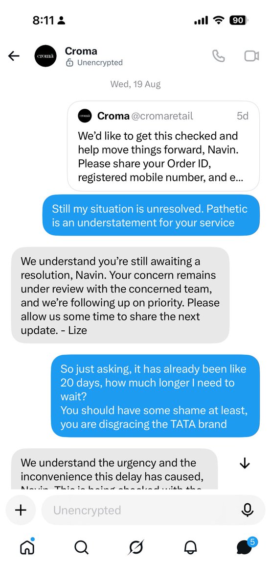 navin9876's tweet photo. @_WiseRoy_ How long should I wait for resolution @cromaretail isn’t resolving my issue since 28. Even your social media support is pathetic, sitting on it since 19th for 5 days now. #croma is a blot on @TataCompanies brand https://t.co/oeCjN1ydMa