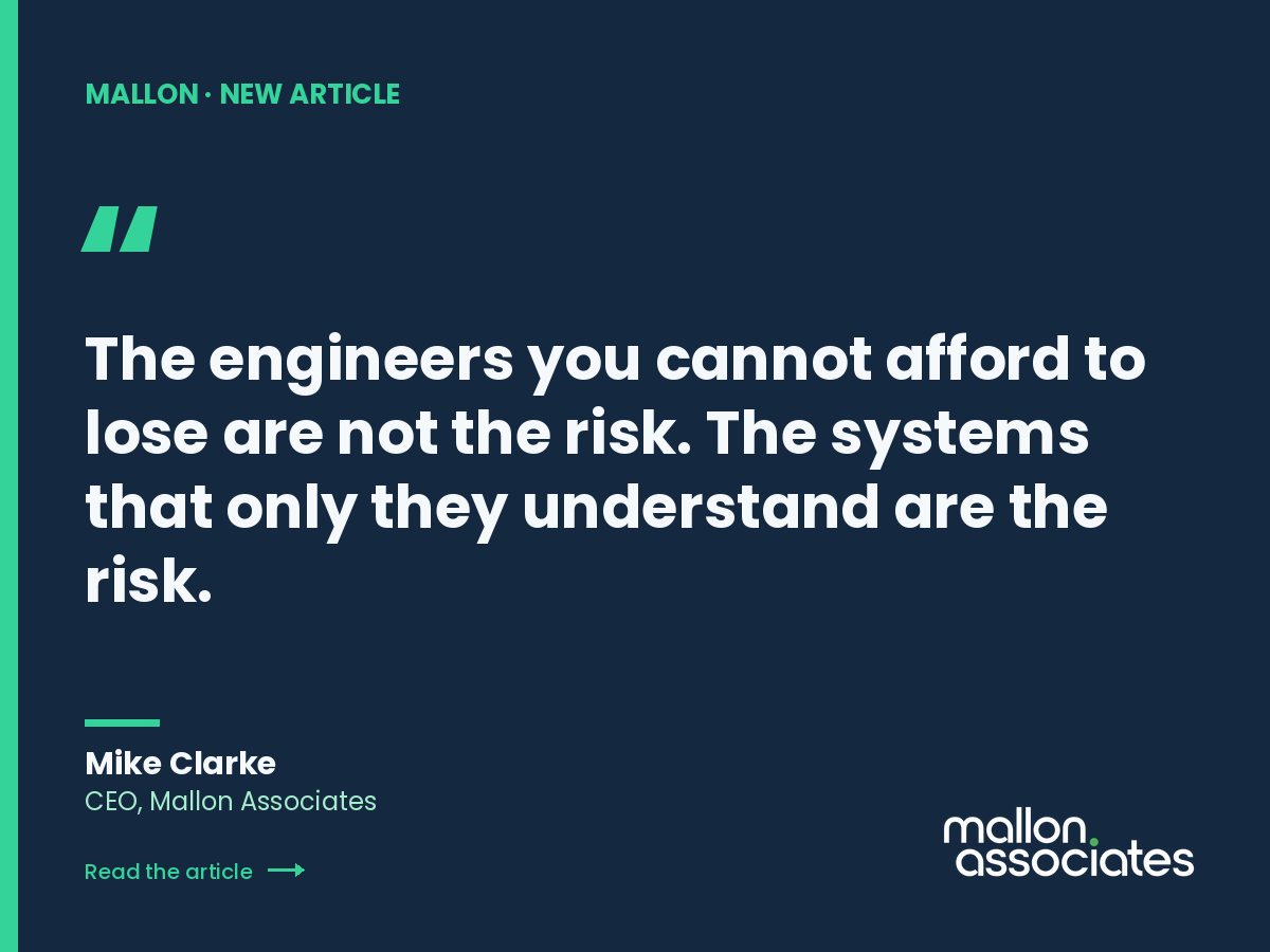 mallonassociate's tweet photo. Our CEO Mike Clarke, on what critical-person dependency actually is, why it doesn't sit on your risk register, and the four steps engineering leaders take to reduce it.

https://t.co/4wGgAwmKV6 https://t.co/8AGhQb2m6C