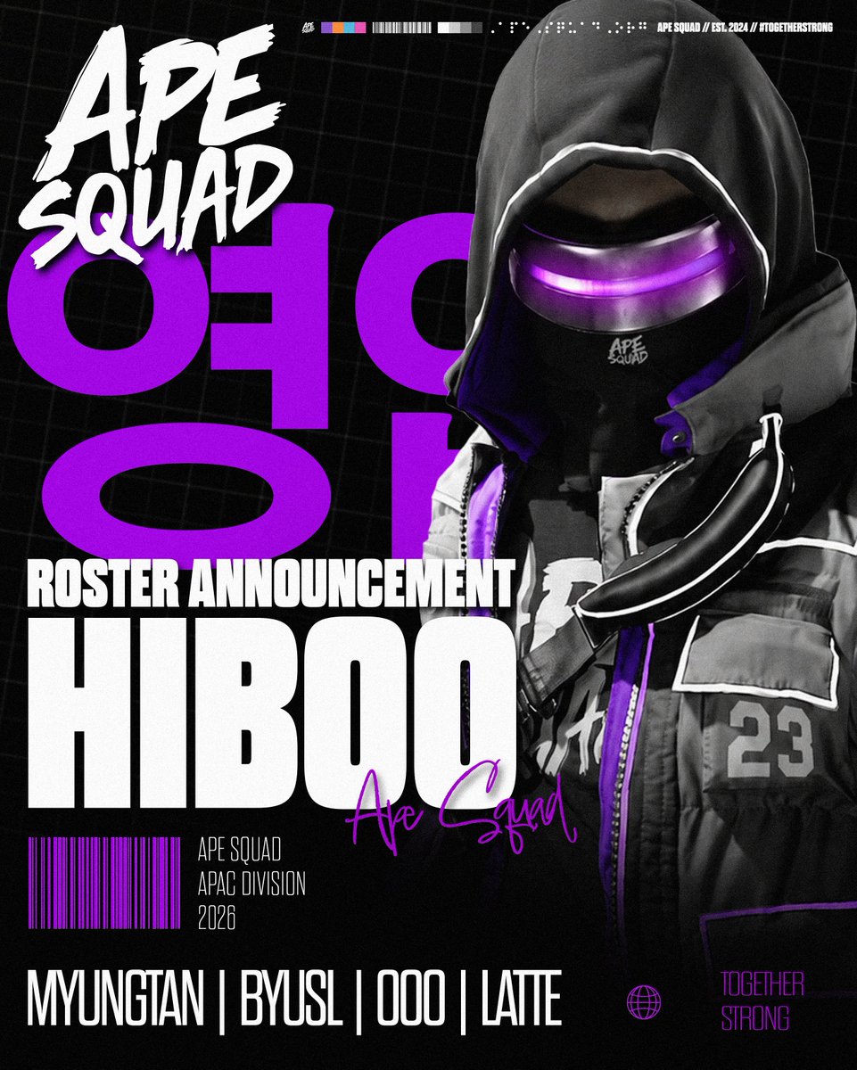 ApeSquadOrg's tweet photo. Ape Squad is proud to officially sign Hiboo as our roster for the Road to The Grand Major 2026!

MyungTan • Latte • Byusl • OOO

Their first challenge in Ape Squad colors begins soon in the APAC Cycle 4 Top 8.

Welcome to the Squad.

#ApeSquad #TogetherStrong #TheFinals #TGM26 https://t.co/dFDkGgi6iH