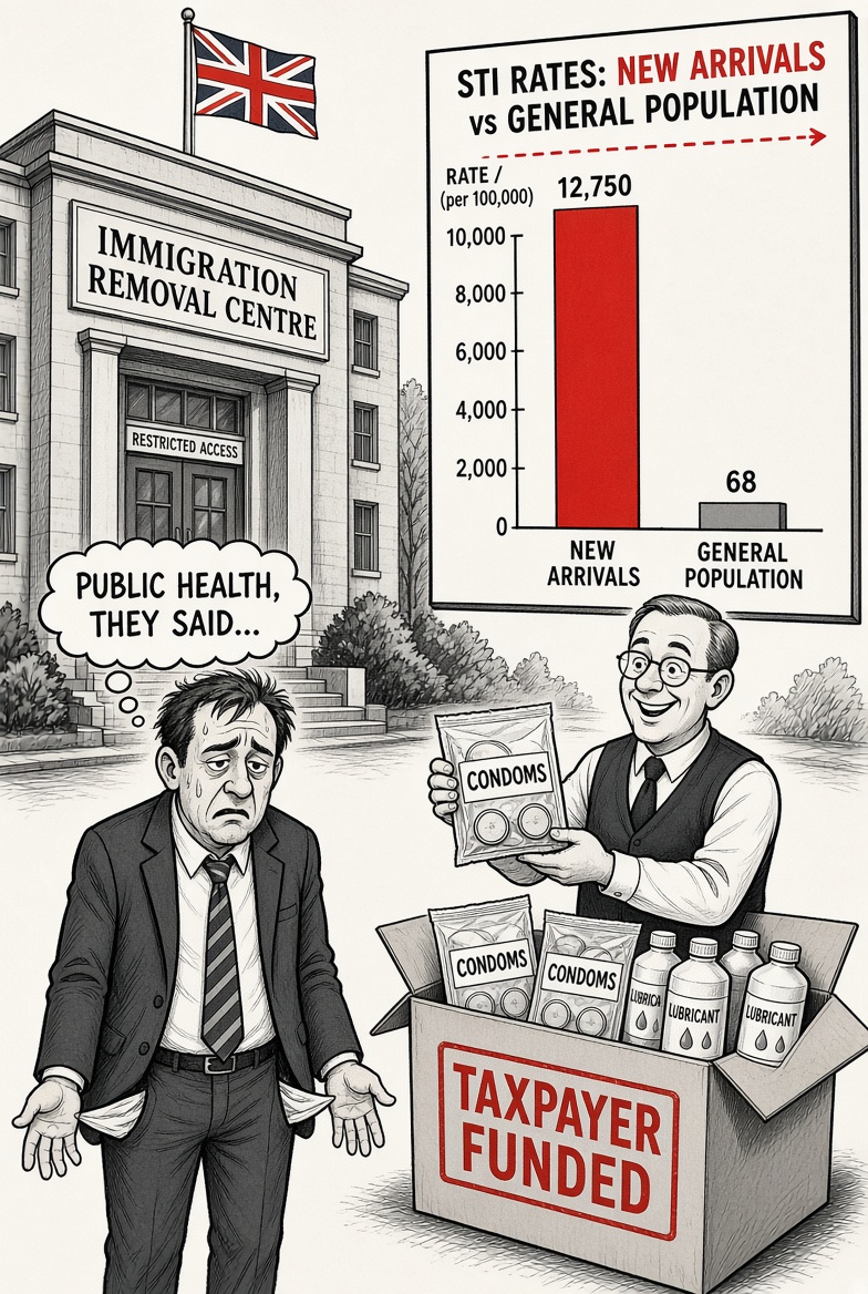 WasAcop's tweet photo. So let me get this straight.

We’re paying for free condoms and lube to be handed out in immigration removal centres — places that are supposed to be holding people for deportation.

At the same time, the data from clinics dealing with recent arrivals is ugly. One London study of asylum seekers found HIV at 9.2% and chlamydia at 12.7%. 

That’s not a rounding error next to the general population numbers (0.17% and 0.29%).

Public health people will say it’s just standard harm reduction. 

Fine. But when the centres exist to remove people who have no right to be here, and the rates are this elevated, it starts looking less like sensible healthcare and more like another quiet admission that large-scale low-skill migration from high-prevalence regions comes with very real, ongoing costs that the rest of us just have to swallow.​​​​​​​​​​​​​​​​​​​​​​​​​​​​​​​​​​​​​​​​​​​​​​​​​​

Madness.