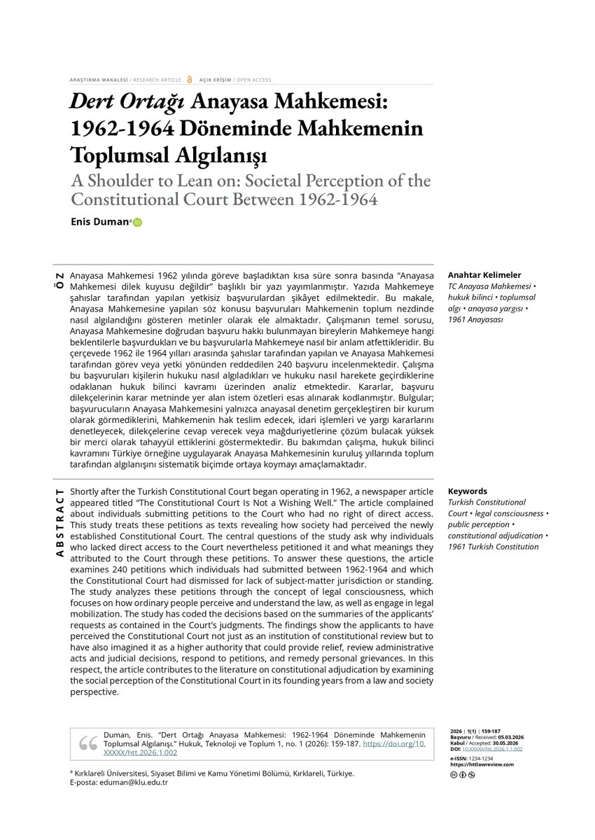 httlawreview's tweet photo. Dert Ortağı Anayasa Mahkemesi: 1962-1964 Döneminde Mahkemenin Toplumsal Algılanışı / Enis Duman

Yazar, AYM’nin ilk yıllarındaki dilekçeler üzerinden toplumun mahkemeyi nasıl algıladığını ve hukuk bilincini masaya yatırıyor.

📑https://t.co/RVArBr7XQr https://t.co/Uz4z7Lf7zE