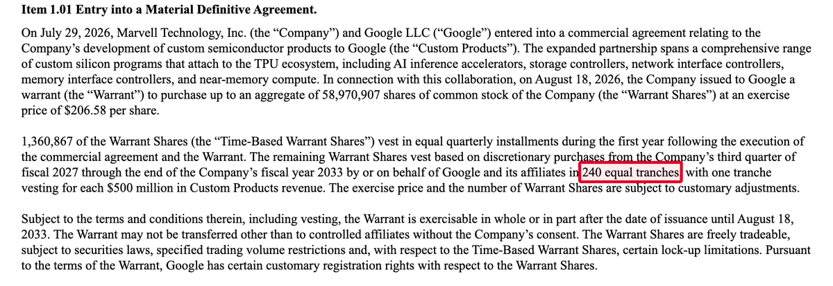 theconvexpayoff's tweet photo. Google just took the right to buy ~$12.2 billion of Marvell stock, $MRVL.

97.7% of it only becomes real if Google buys $120 billion of chips from Marvell first.

a warrant is the right to buy shares later at a price locked in up front. the one Marvell disclosed in an 8-K on August 19 covers ~59 million shares at $206.58 each, tied to a supply agreement the two companies signed in July.

three things from the filing:

1. only 1,360,867 of those shares are Google's no matter what, arriving in equal quarterly pieces over the first year. that slice is ~$281 million of stock.

2. the rest vest "in 240 equal tranches, with one tranche vesting for each $500 million in Custom Products revenue," per the 8-K. 240 times $500 million is $120 billion.

3. the 8-K calls those purchases discretionary. nothing in it obliges Google to place a single order.

Custom Products is the deal's name for the silicon Marvell builds around Google's TPU systems, from inference chips to storage controllers and network cards.

we read NVIDIA's Portsmouth 8-K the same way on August 17. the deal reported at $250 billion was capped in the actual filing at $105 billion.

the revenue-based shares can vest from Marvell's third quarter of fiscal 2027 through the end of its fiscal 2033. the warrant itself runs to August 18, 2033.