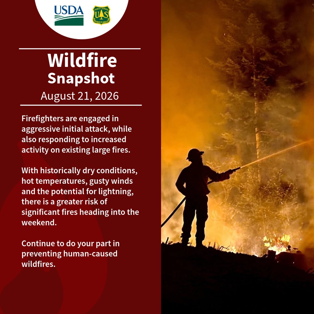 ForestServiceNW's tweet photo. Firefighters are engaged in initial attack &amp; responding to increased activity on existing large fires.  

Dry conditions, hot temperatures, gusty winds &amp; potential for lightning; there is a greater risk of significant fires.

Do your part in preventing human-caused wildfires. https://t.co/VNE5e6x2Zo
