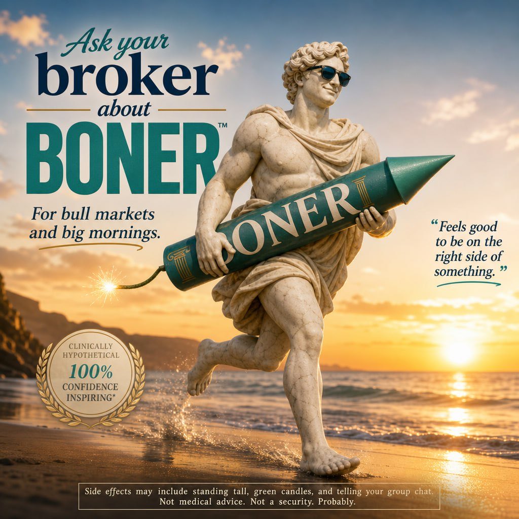 bonercoinlong's tweet photo. Ask your broker about $BONER.

Paired with HIMS on LONG. Hard money.

Side effects may include: • checking the chart at work
• explaining the ticker to your accountant
• immaculate posture

Not medical or financial advice. 🗿 https://t.co/3qLyHKdcBr