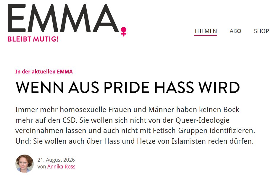 LGBAlliance_DE's tweet photo. Danke an @EMMA_Magazin für die Erwähnung von @AllianceLGB und uns selbst. LGB haben unter der Queer- und Transgender Doktrin viel zu verlieren: Junge LGB geraten überproportional häufig in die transmedizinische Vermarktungsmaschine, Lesben- bzw Schwulen-Spaces gehen verloren. Derweil arbeitet sich die TQ Fraktion lieber an "Gay-not-Queer" Homos ab, anstatt die seit Jahren größte Gefahrenquelle für LGB und auch sich selbst anzugehen: Islamismus.
https://t.co/8Nn8g4Ure7