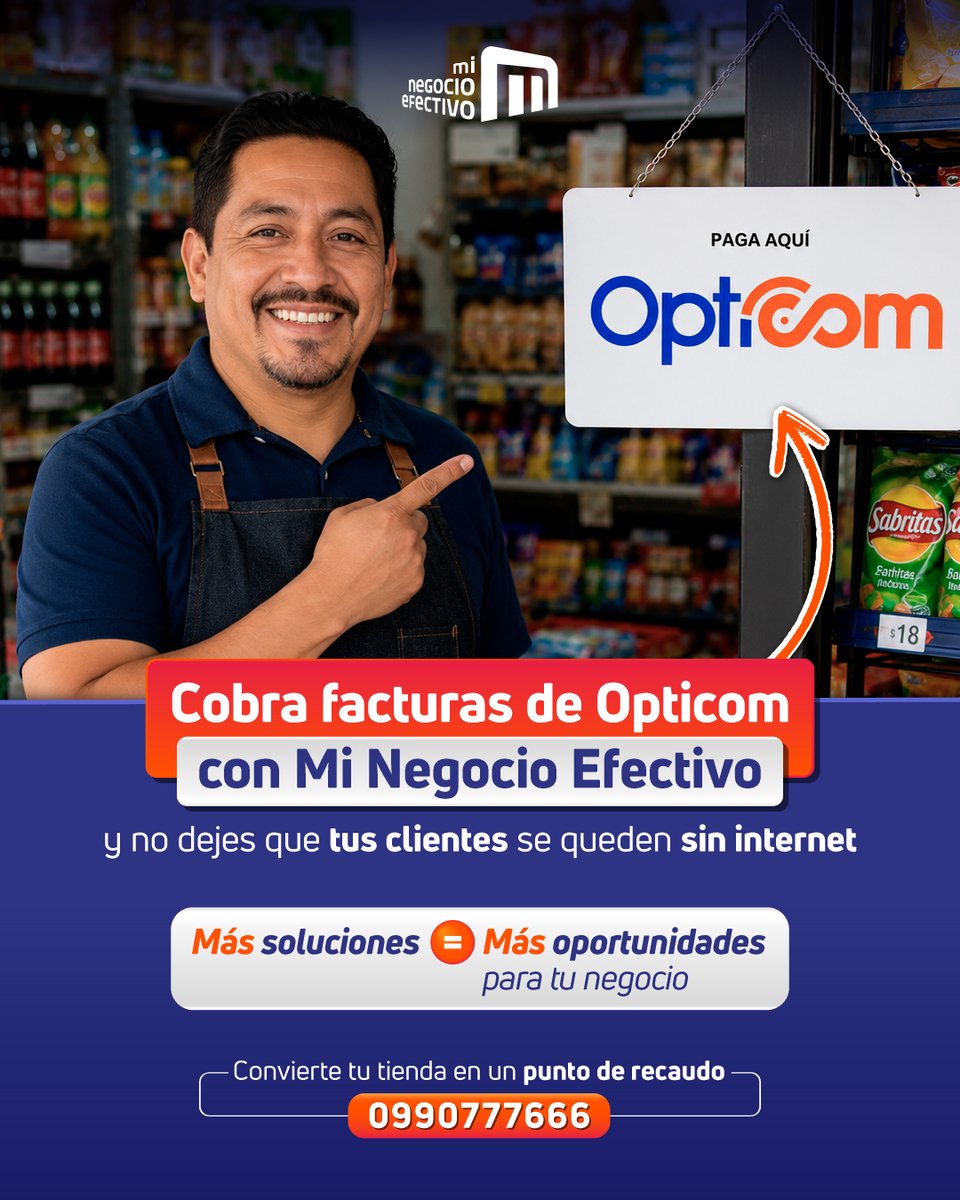 NegocioEfectivo's tweet photo. 📶 La conectividad también mueve negocios. 🚀
Con #MiNegocioEfectivo puedes cobrar #Opticom y sumar más soluciones a tu tienda. 🏪
🔝 Más servicios = más oportunidades para tu negocio.
📲 099 077 7666
#MNEMiTiendaMiSolución #TenderoDeMiBarrio https://t.co/a1JvJCn3Op