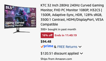 Pricerrors's tweet photo. 240 HZ CURVED GAMING MONITOR UNDER $100 

$94.98 at checkout (Orig. $214.99) 

https://t.co/mXSCItbYh9 #ad 

Clip lightning deal + apply code "TIARWOQM"

Lightning deal has limited redemptions https://t.co/VPZ4WZTsab