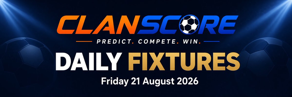 clanscore's tweet photo. ⚽ Daily Football Fixtures – Friday 21 August 2026

Premier League kicks off with Arsenal vs Coventry, La Liga’s Betis–Real Sociedad, Ligue 1 opener Marseille–Strasbourg, and big DFB-Pokal ties (Stuttgart, Frankfurt) plus action across Belgium, Turkey, Sweden, Poland, Ireland & more.
——————————

🏴󠁧󠁢󠁥󠁮󠁧󠁿 Premier League
🏟️ Arsenal vs Coventry City
⏰ ~20:00 / 21:00 BST

🇪🇸 La Liga
🏟️ Real Betis vs Real Sociedad
⏰ 20:00

🇫🇷 Ligue 1
🏟️ Marseille vs Strasbourg
⏰ 19:45

🇩🇪 DFB-Pokal (1st Round)
🏟️ Preußen Münster vs Karlsruher SC – 17:00
🏟️ St. Tönis vs Eintracht Frankfurt – 17:00
🏟️ Waldhof Mannheim vs Kaiserslautern – 17:00
🏟️ Hansa Rostock vs Stuttgart – 19:45

🇹🇷 Süper Lig
🏟️ Erzurumspor vs Galatasaray – ~19:30

🇧🇪 Pro League
🏟️ Standard Liège vs RAAL La Louvière – 19:45

🇦🇹 Bundesliga
🏟️ Ried vs Grazer AK – 18:30

🇸🇪 Allsvenskan
🏟️ Sirius vs Häcken – 18:00

🇵🇱 Ekstraklasa
🏟️ Cracovia vs Wieczysta Kraków – 19:30

🇮🇪 Premier Division
🏟️ Bohemians vs Derry City – 19:45
🏟️ Drogheda United vs St Patrick’s Athletic – 19:45
🏟️ Dundalk vs Galway United – 19:45
🏟️ Sligo Rovers vs Waterford – 20:00

🌎 Other notable action:
🇦🇷 Argentine Primera, 🇲🇽 Liga MX (Tigres, América later), Finnish Veikkausliiga, Croatian HNL, Polish & various lower-tier/European cup matches. 

Pick 1–3 games. Build your slip. Hit 1.50–3.00 odds.