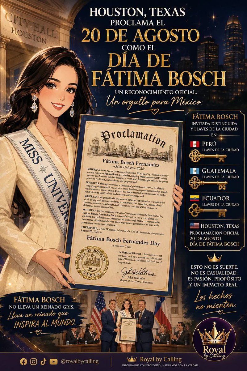 MissMexicoou's tweet photo. ✨🇲🇽 HAY RECONOCIMIENTOS QUE NO SE PUEDEN INVENTAR… SE RECIBEN. 🇺🇸👑🇲🇽

Hay momentos en un reinado que hablan por sí solos. Y este es uno de ellos.

El 20 de agosto de 2026, la ciudad de Houston, Texas, proclamó oficialmente el “Fátima Bosch Fernández Day” @bosch_fatima 🤩 https://t.co/XORYw5Sv3l