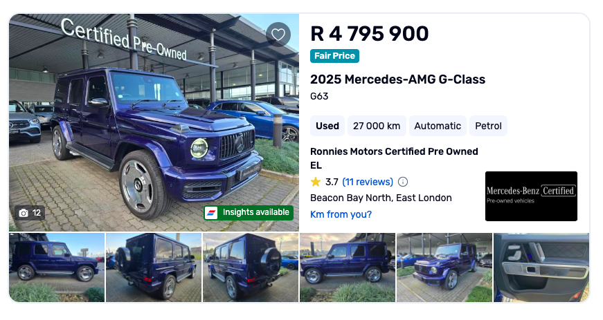JustXavierB's tweet photo. Highly Spec'd G63 in Desirable "Mystic Blue" Paint with highly sought after Mono Bloc wheels

At Fouche this would be R5.2m car if not more

But Beacon Bay Mercedes has it for R4.75m, not a bargain but a very solid spec https://t.co/uWyFXPaYTx
